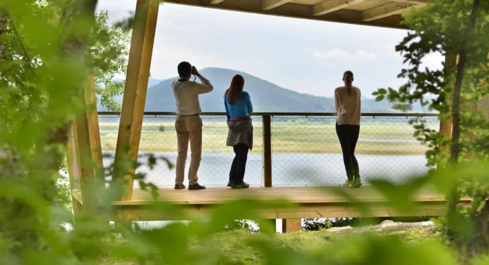Obiskovalci opazujejo razgled na Cerkniško jezero iz ene izmed opazovalnic.