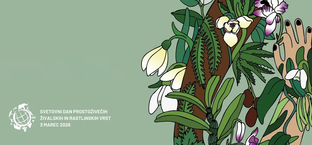 Ilustracija roke, ki objema deblo drevesa, obdano z različnimi zelenimi listi in cvetovi, kot so zvončki in drugi gozdni cvetovi, na svetlo zeleni podlagi. Levo spodaj je logotip Svetovnega dne prostoživečih živali 2024 in besedilo dogodka.