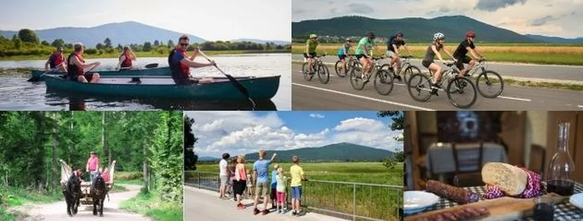 Fotografija je sestavljena iz petih fotografij. Na fotografija lahko vidimo vožnjo s kanuji po Cerkniškem jezeru, vožnjo s kolesi po asfaltni cesti v ozadju Slivnica, vožnjo z lojtrnikom po makedamski cesti, ki vodi skozi gozd, pohodnike pri opazovanju praznega Cerkniškega jezera, ter malico - hlebec kruha, klobaso ter vino.