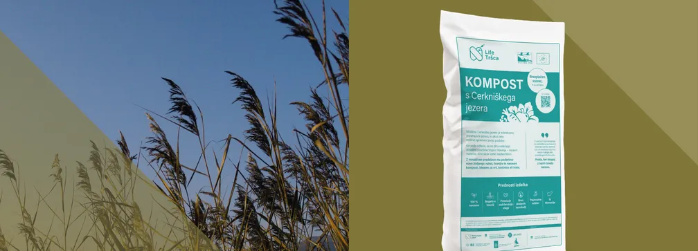 Z jezera na vrt - kompost s Cerkniškega jezera, slika tršce in slika vreče komposta.